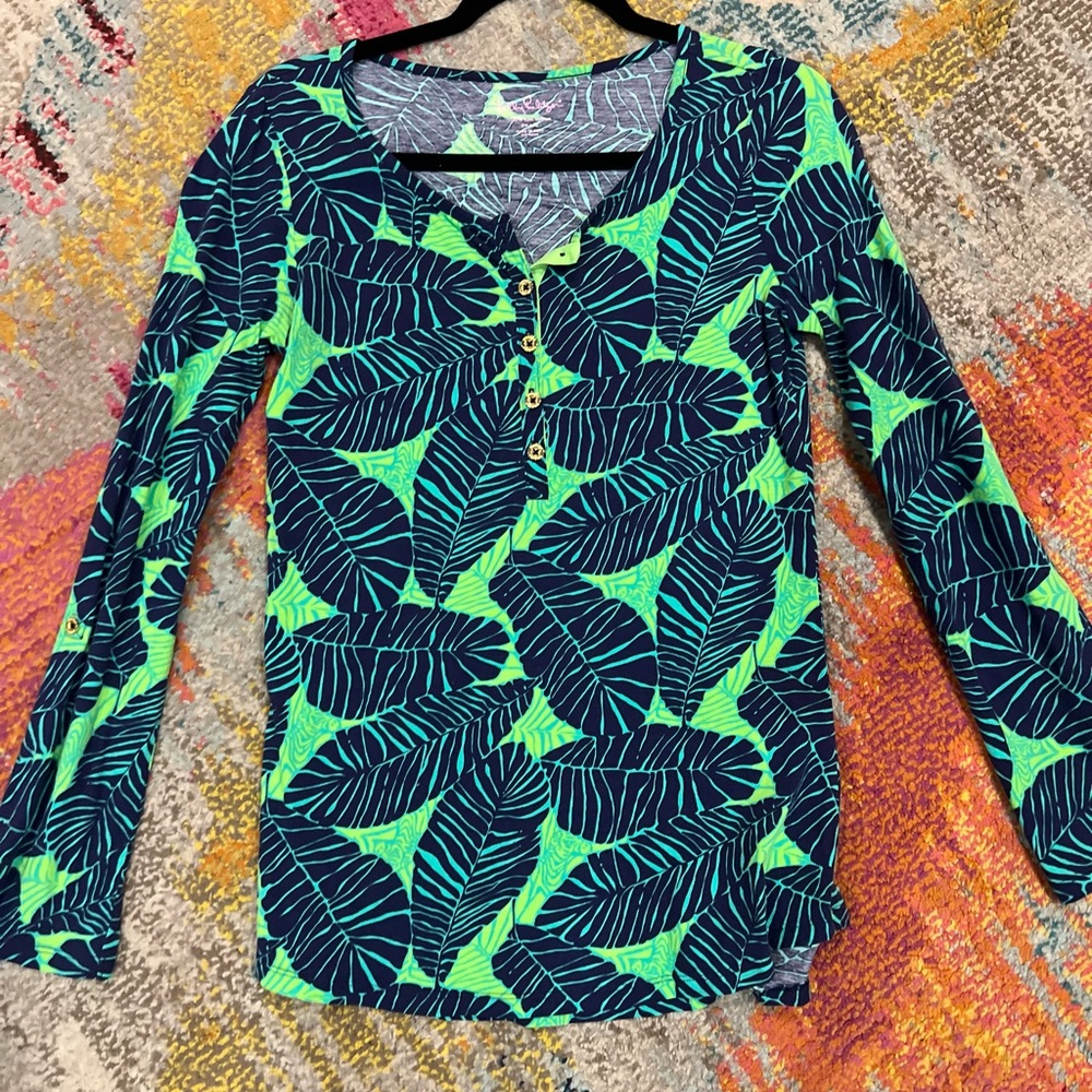 Lilly Pulitzer Navy and Green Leaf Long Sleeve Top